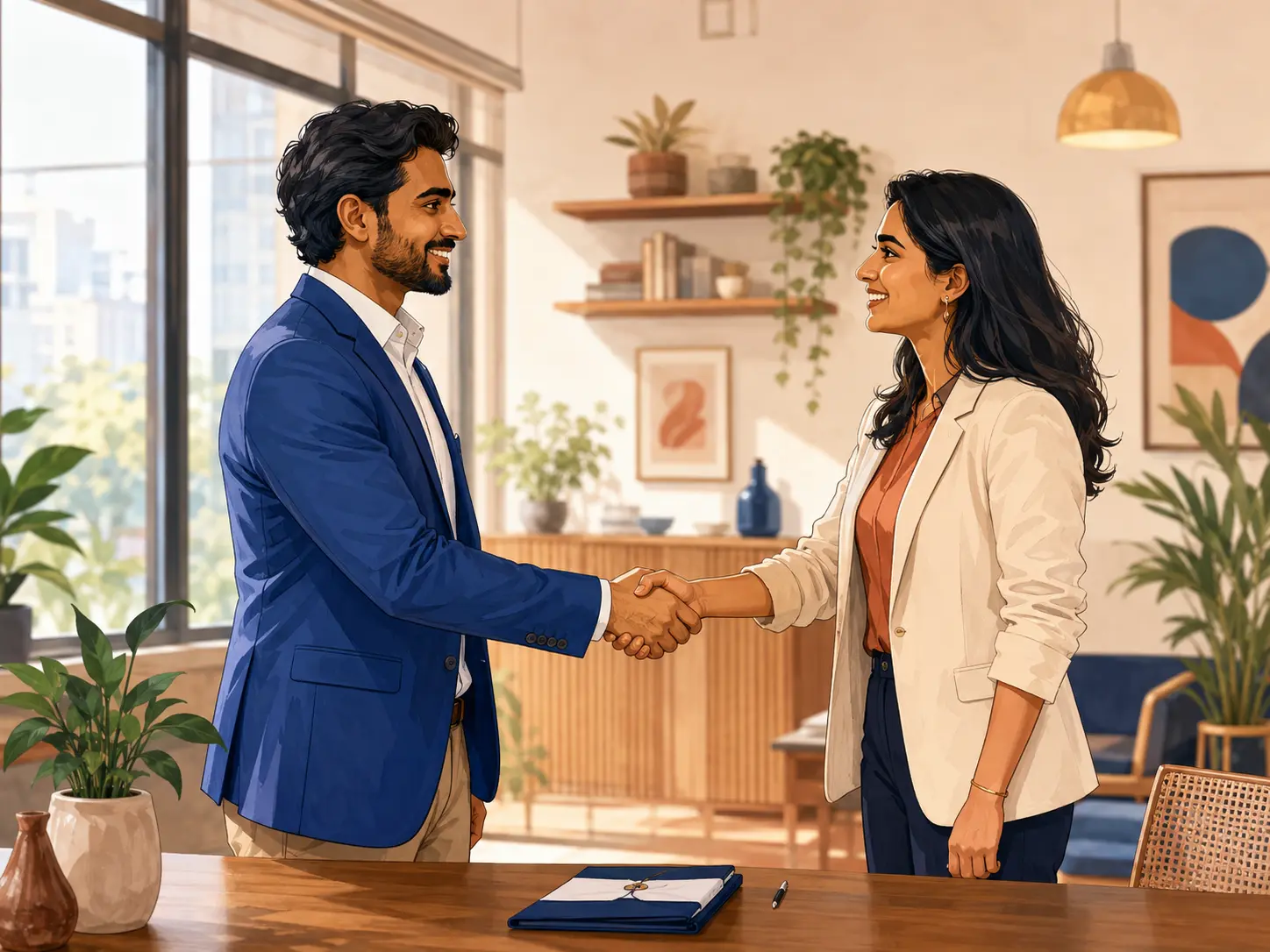 Two business partners completing a referral agreement