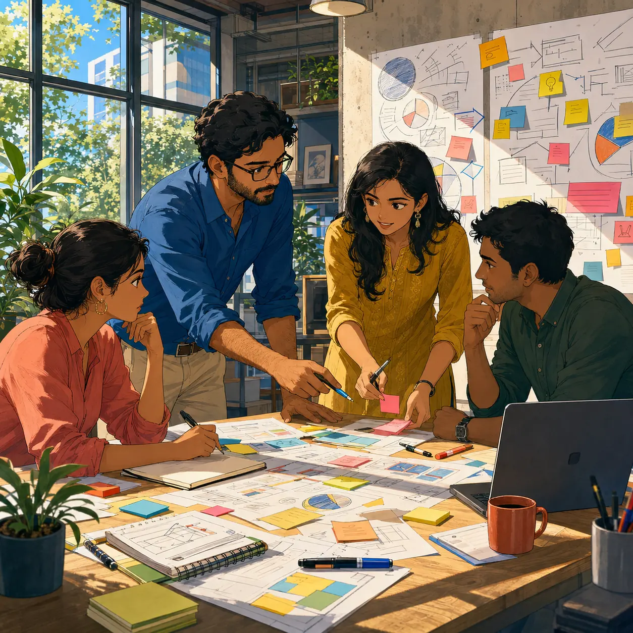 Crisp hand-painted illustration of a Bengaluru consulting workshop