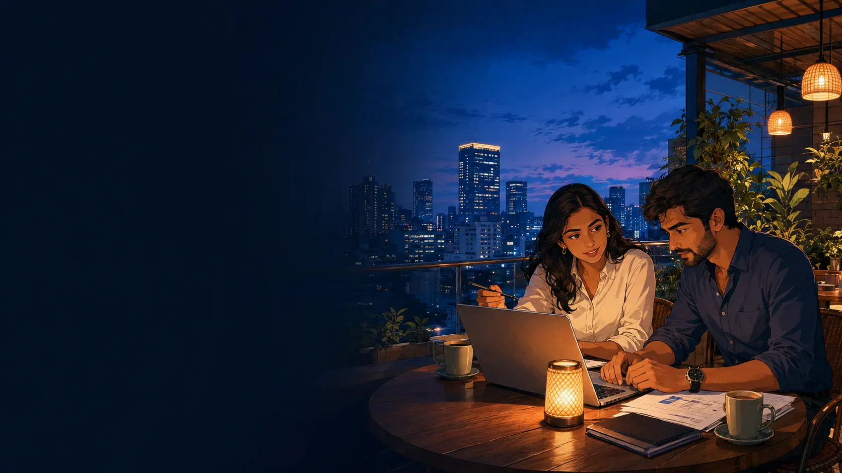 Crisp hand-painted illustration of a late-evening Bengaluru business conversation