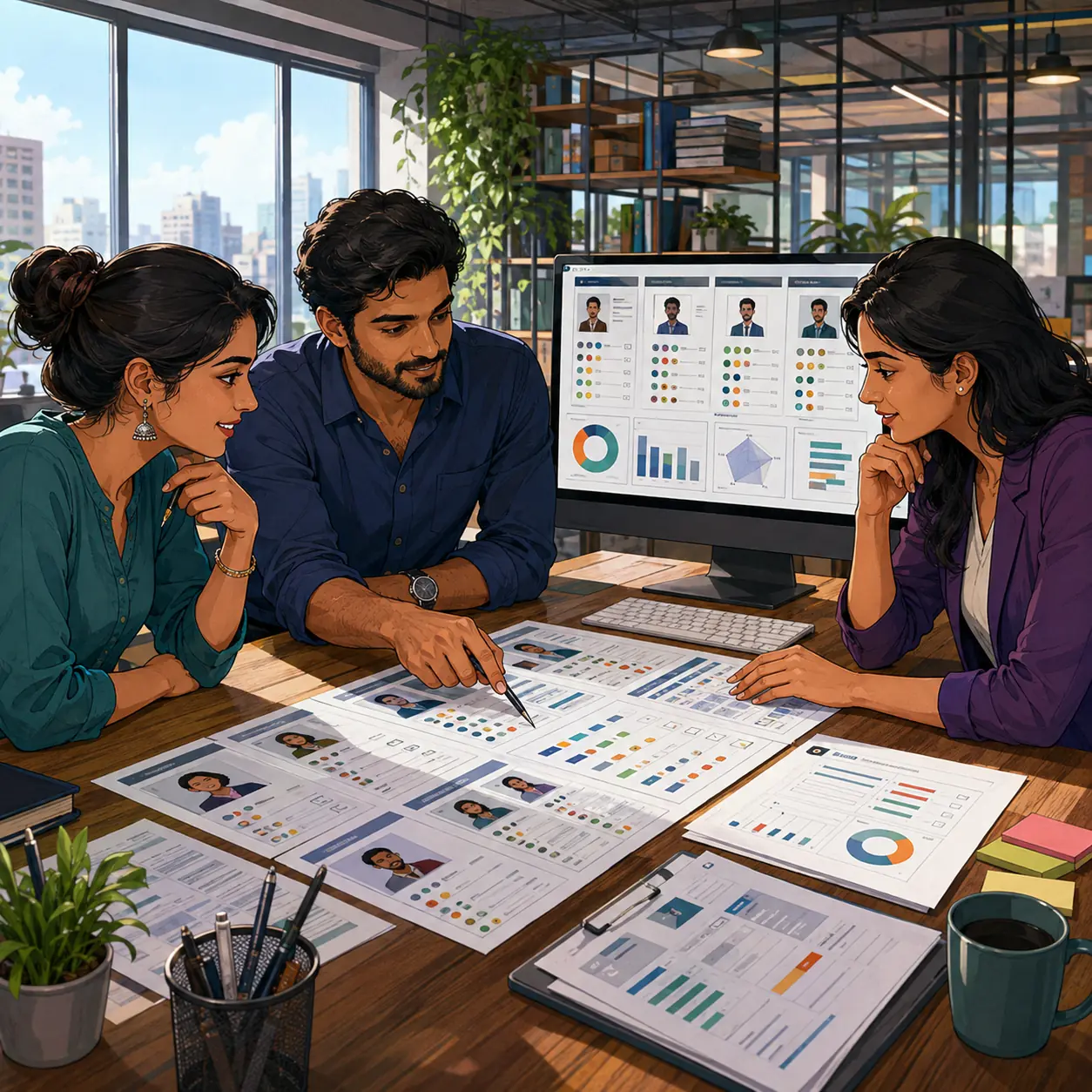 Crisp hand-painted illustration of a team reviewing candidate work